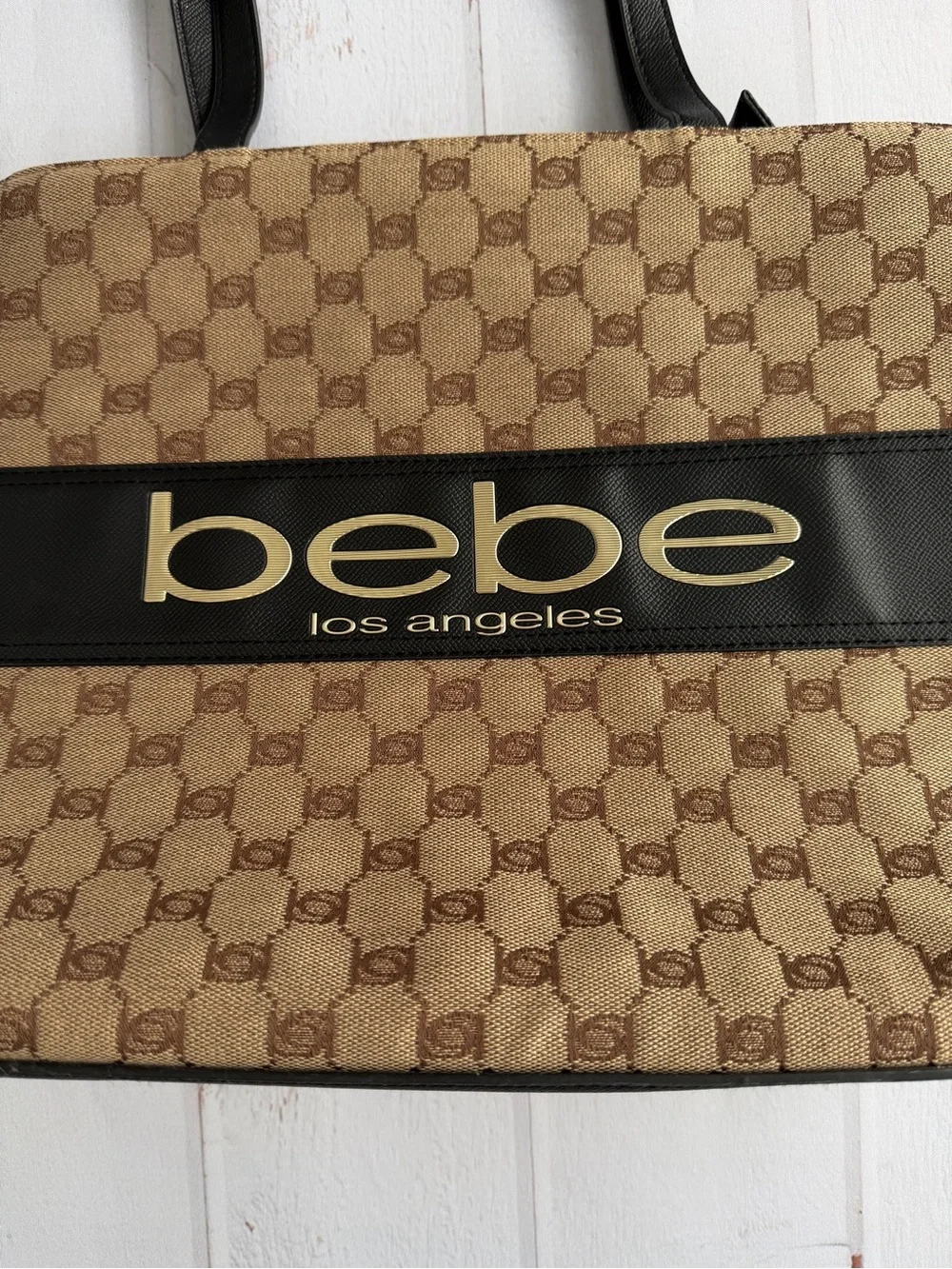 Bebe Los Angeles Monogram Logo Tote Bag Beige Black Large